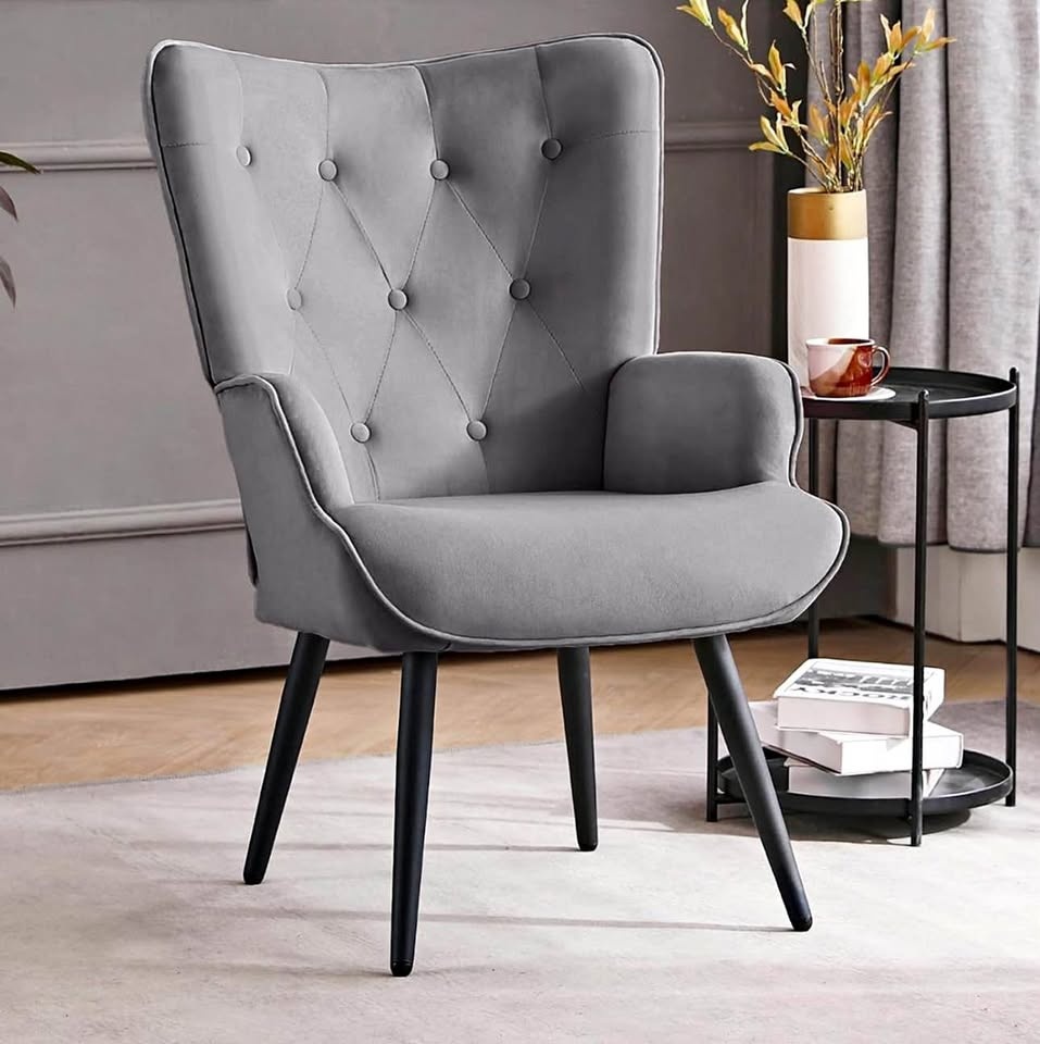Furniliving Velvet Accent Chair – Wingback Tufted – Grey – Brand
