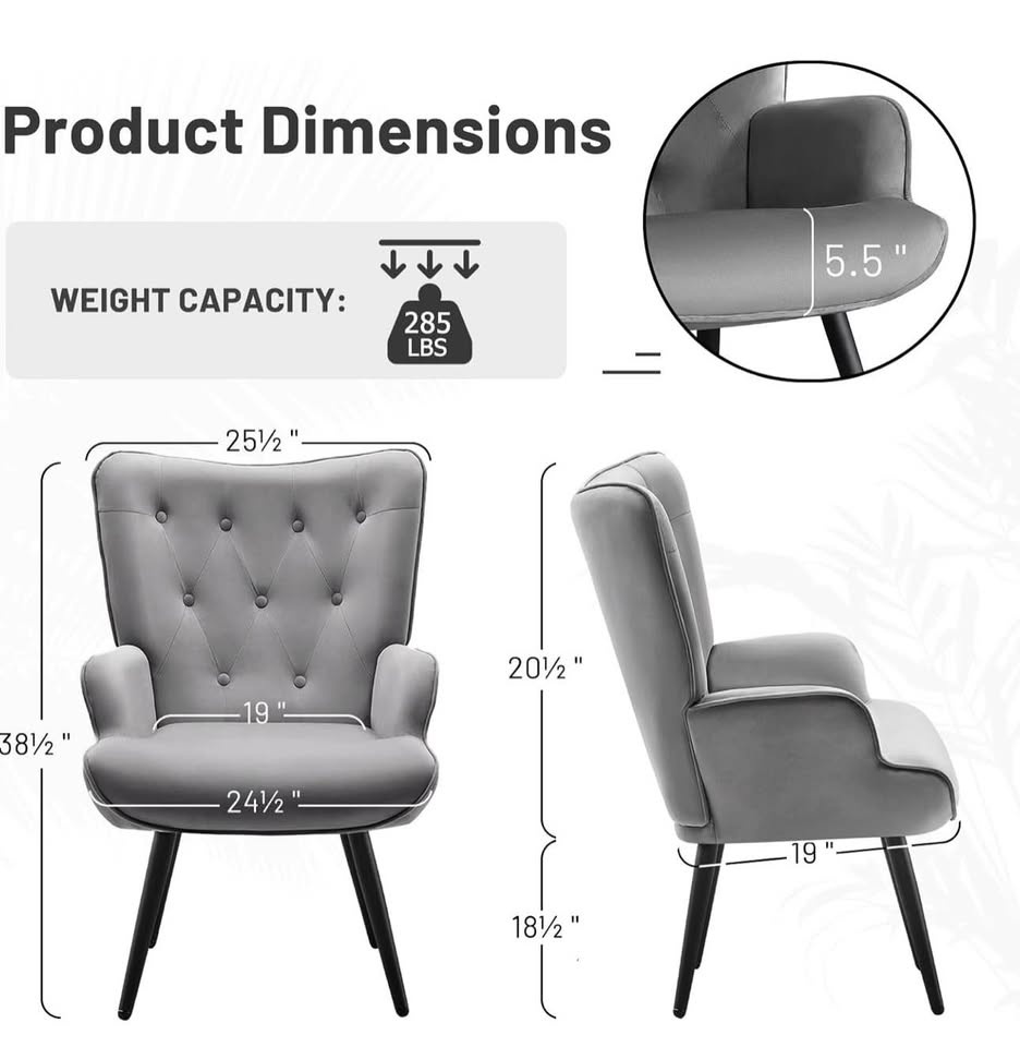 Furniliving Velvet Accent Chair – Wingback Tufted – Grey – Brand - photo 2