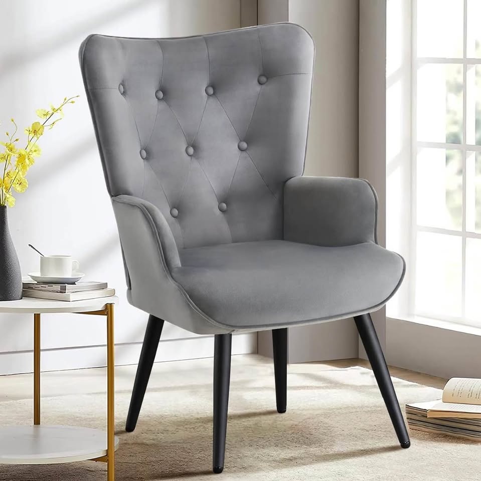 Furniliving Velvet Accent Chair – Wingback Tufted – Grey – Brand - photo 4