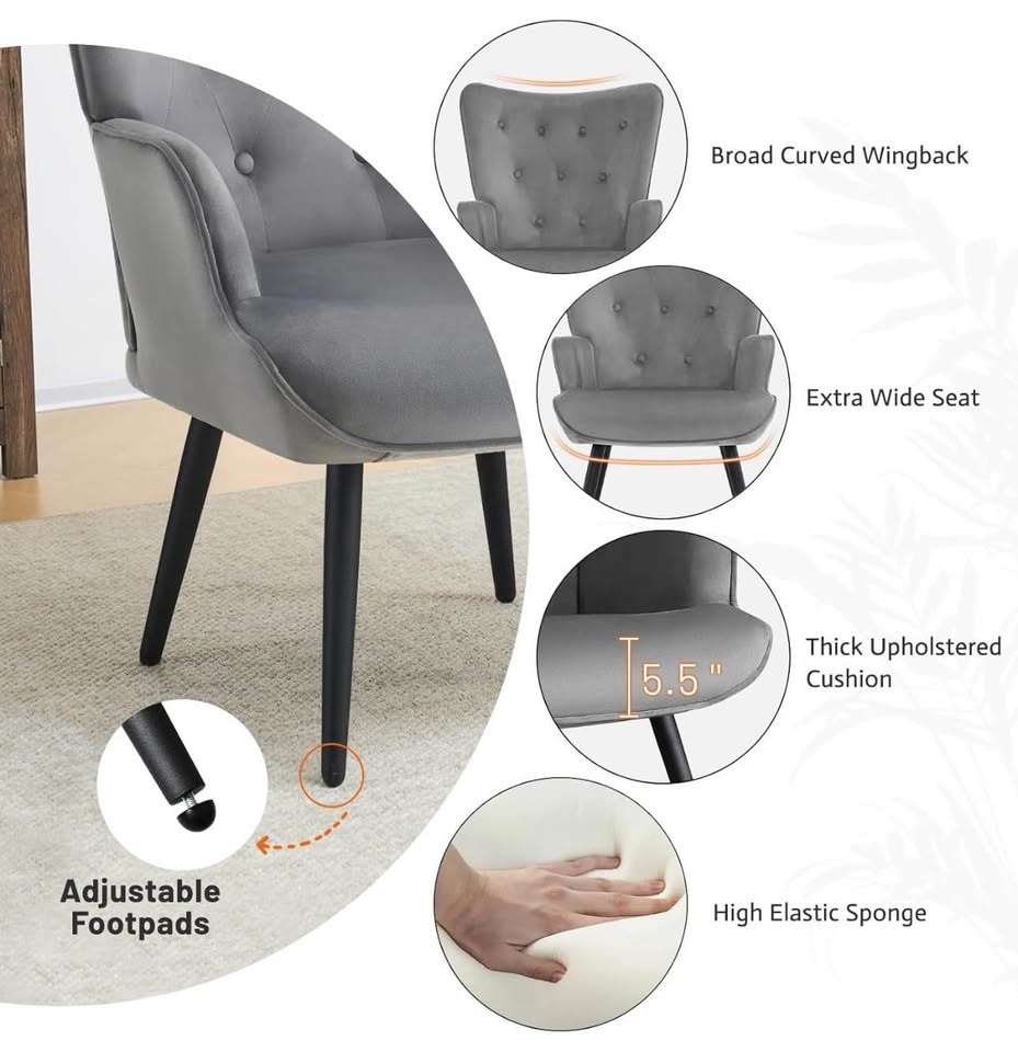 Furniliving Velvet Accent Chair – Wingback Tufted – Grey – Brand - photo 5