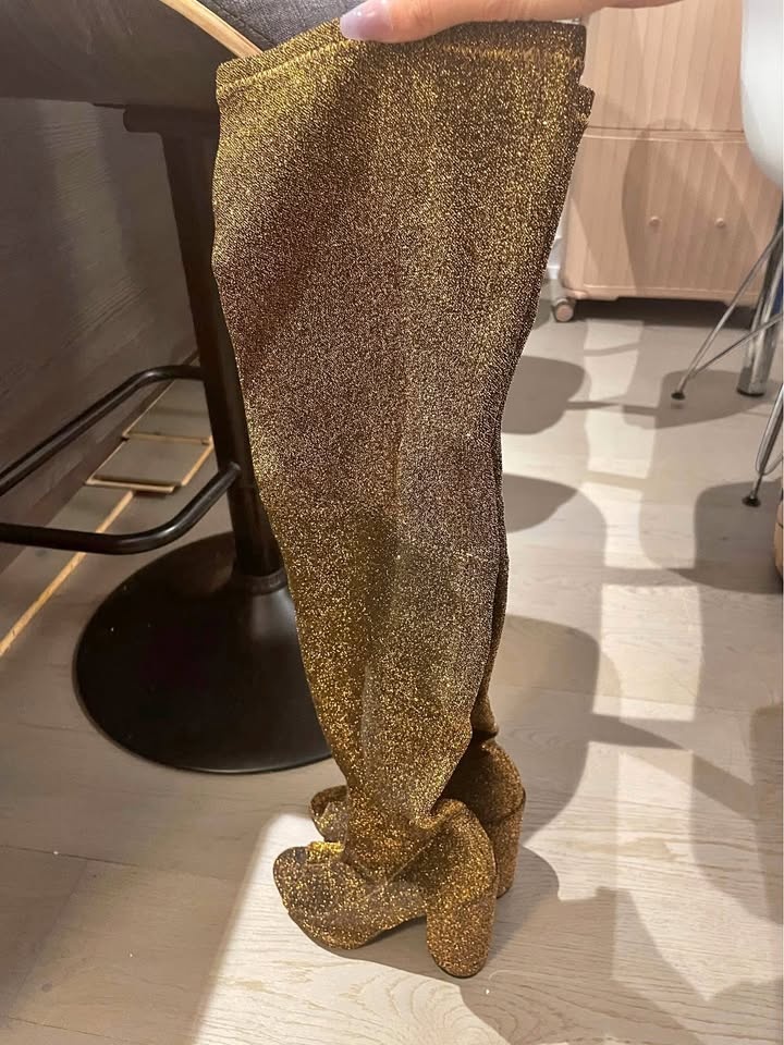 Thigh high sock boots in gold glitters