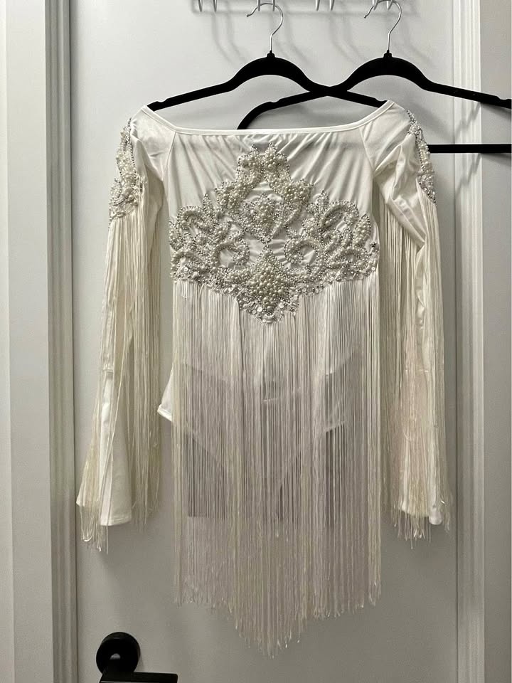 Off-shoulder bodysuit with faux pearl embellishments