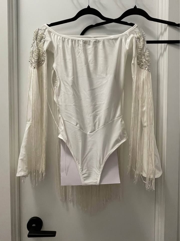 Off-shoulder bodysuit with faux pearl embellishments - photo 2