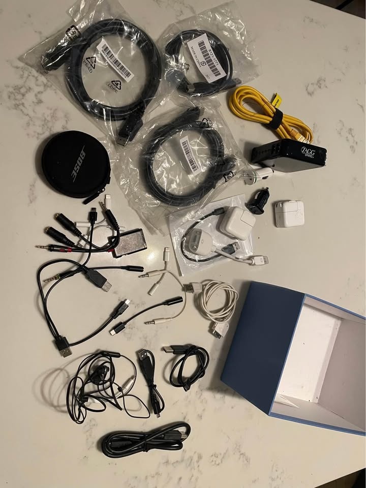 Box of Randome Cords & Zagg Charger