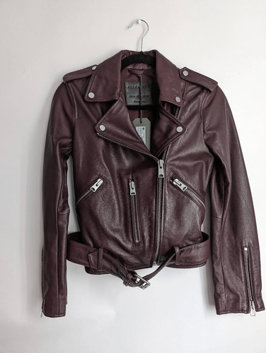 All Saints Leather Biker Jacket Deep Berry Size 2 NEW