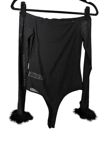 Forever 21 mesh feather trimmed sleeves bodysuit Small