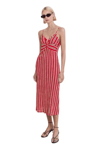 Mango striped gathered midi dress XS