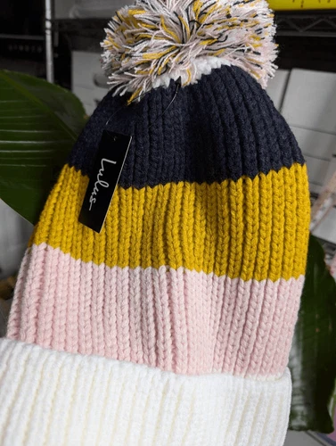 Lulu's Annalise multi color block pom pom beanie