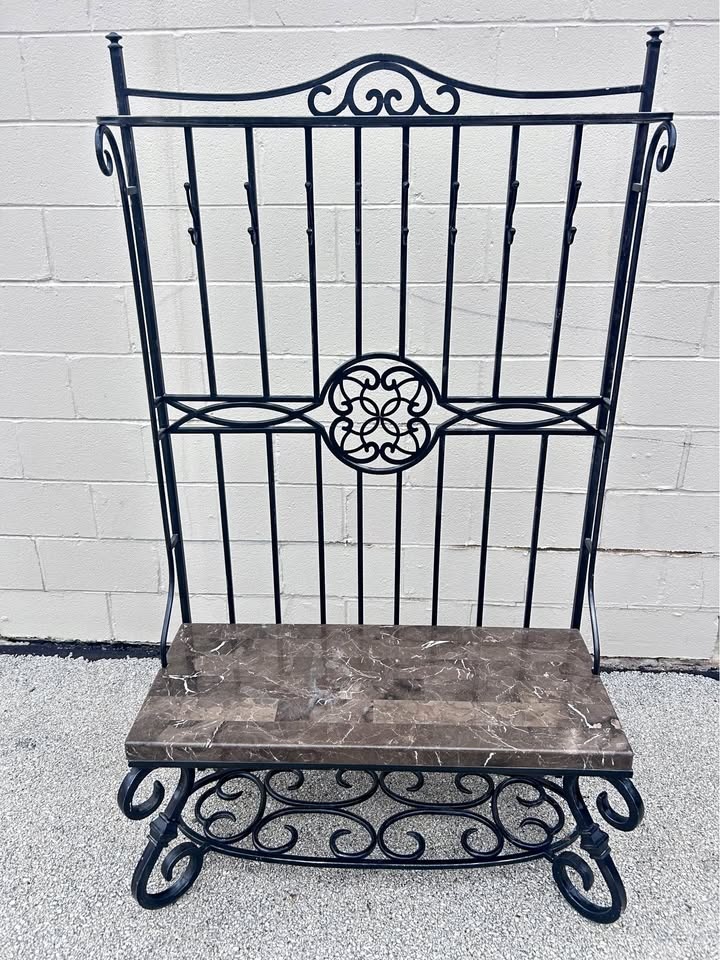 Wrought Iron Entryway Bench / Hall Tree with Marble Seat
