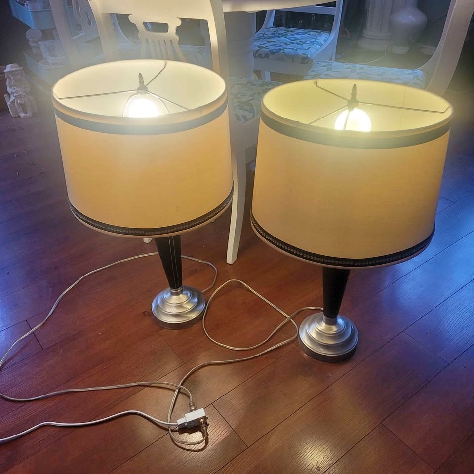 Pair of lamps black and silver base with big shades