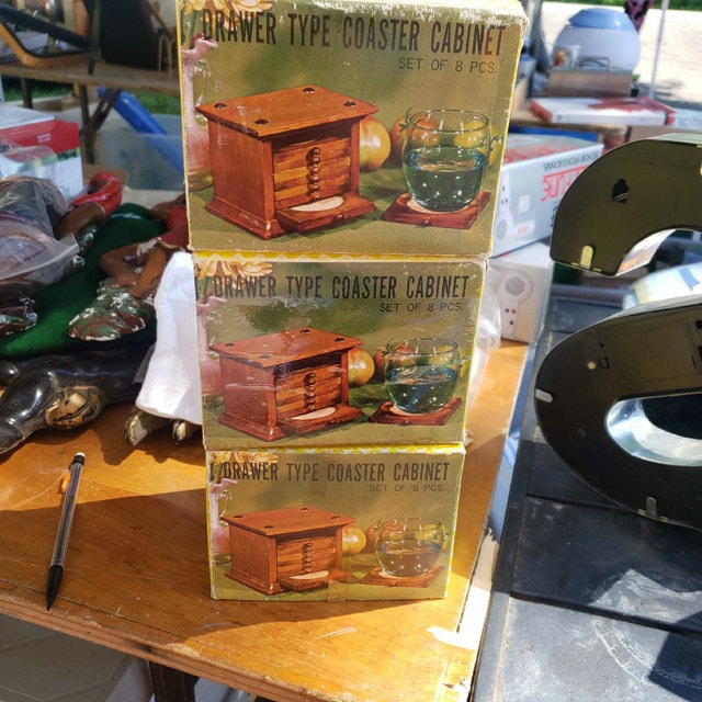 Vintage Wood Cork Coaster Set In Cabinet