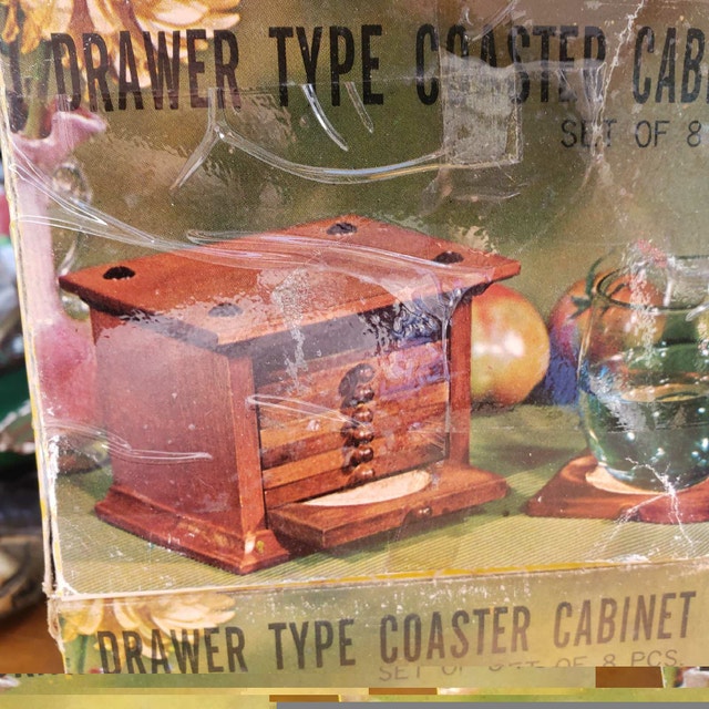 Vintage Wood Cork Coaster Set In Cabinet - photo 2