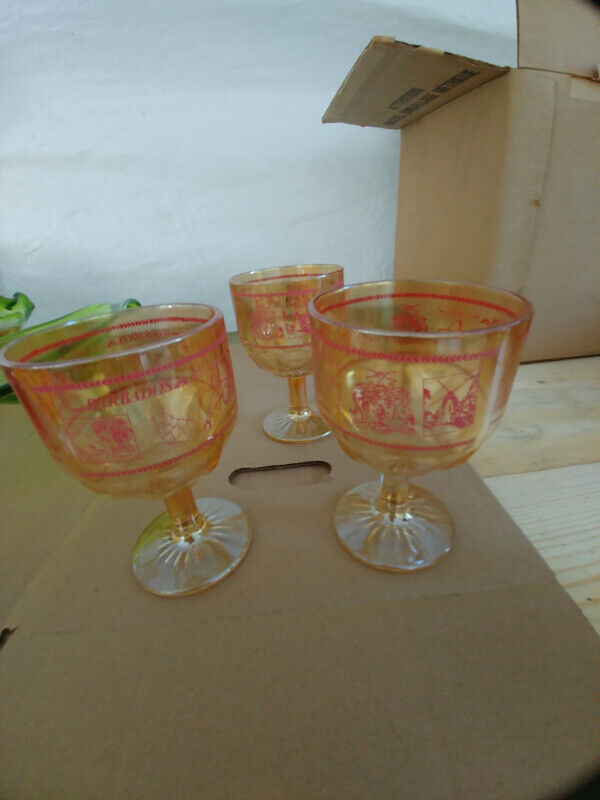 3 Vintage Barbados Carnival Glass Footed Glasses