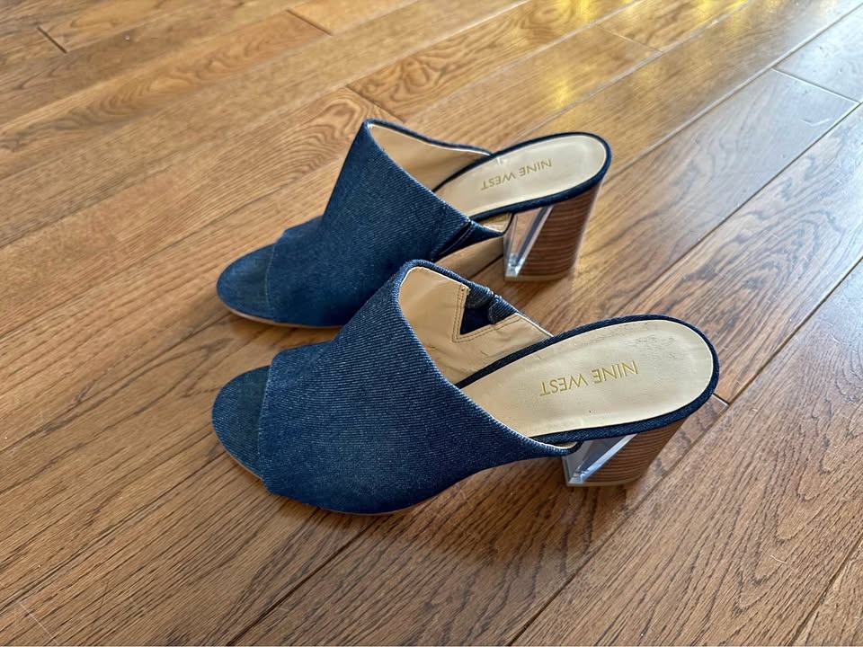 Nine West mule heels denim fabric used almost like new size 8