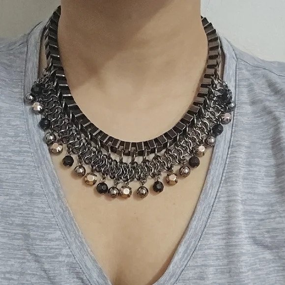 Gunmetal Beaded Fringe Statement Necklace - photo 2