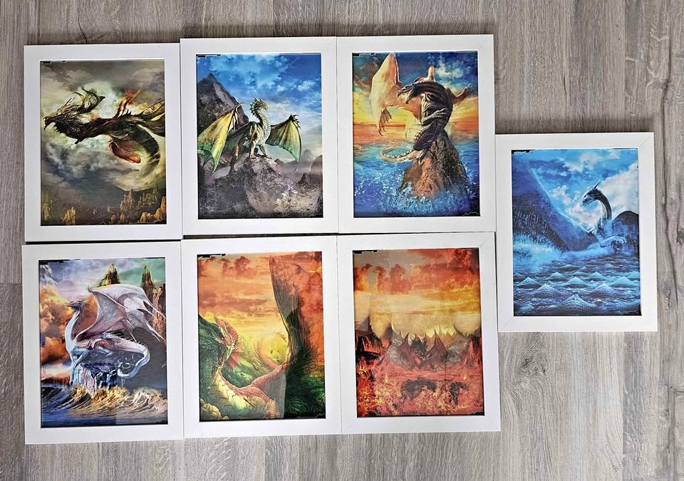 7 framed dragon prints (10" x 12.5")