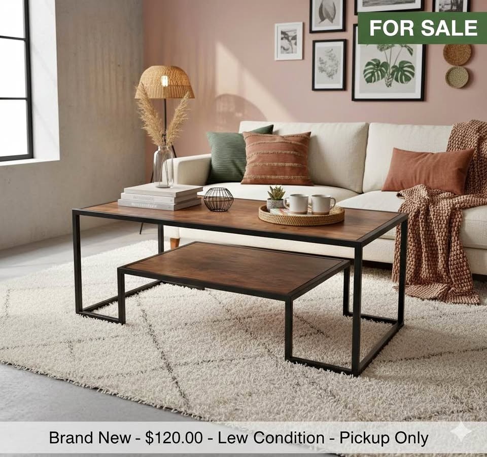 New Industrial Coffee Table - 2-Tier Oak & Black Metal