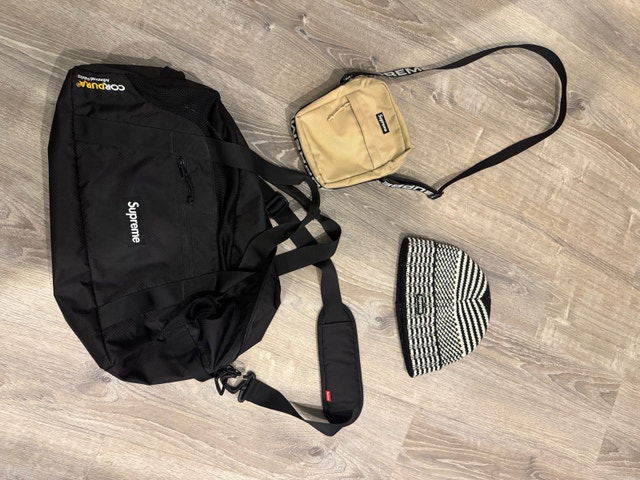 Supreme shoulder bag tan Supreme duffle bag Supreme hat