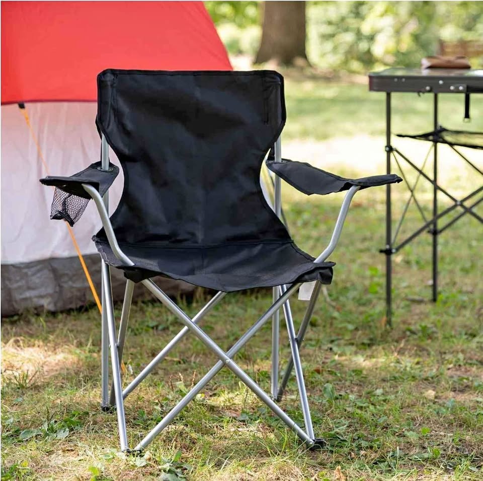 Camping Chair Quad Folding with Cup Holder, Black, Adult