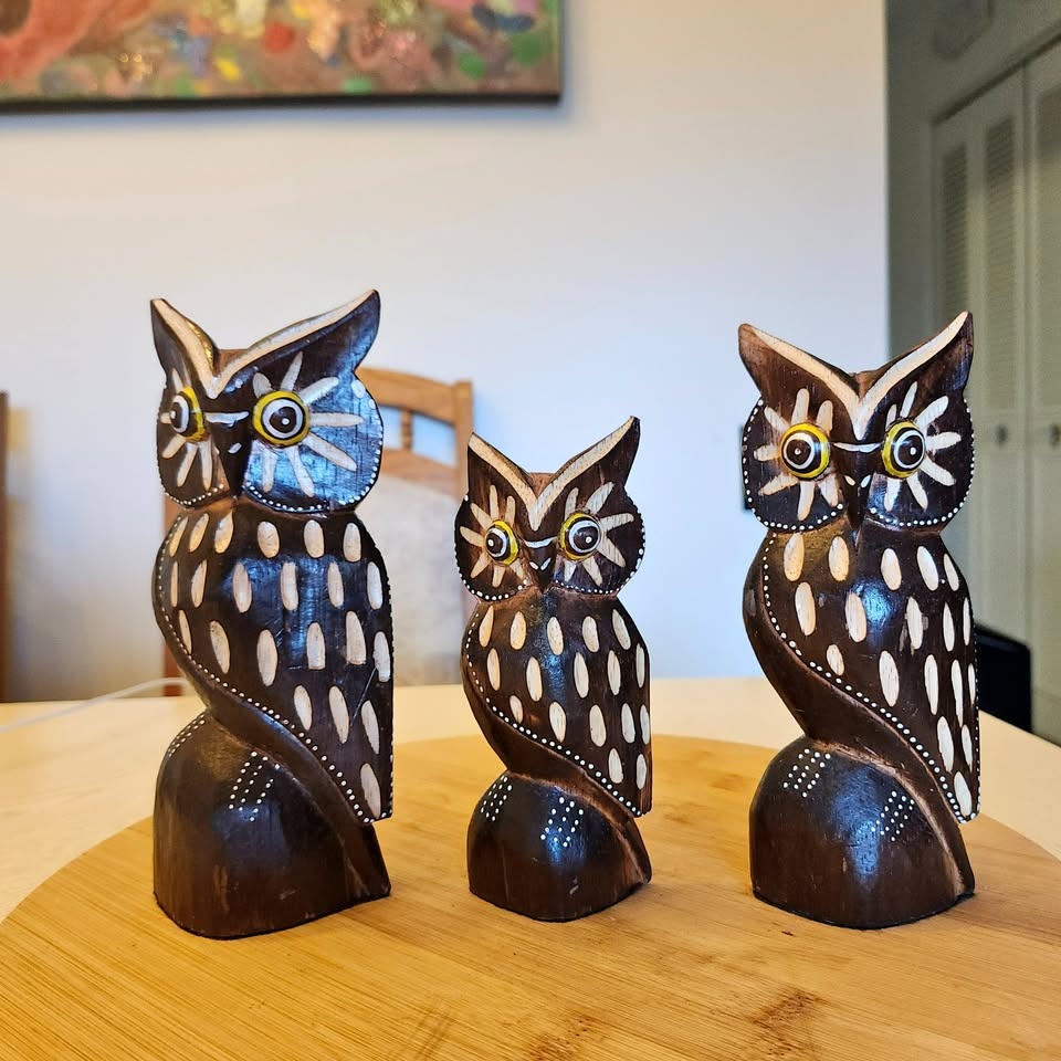 Trio of Wooden Owls, Carved