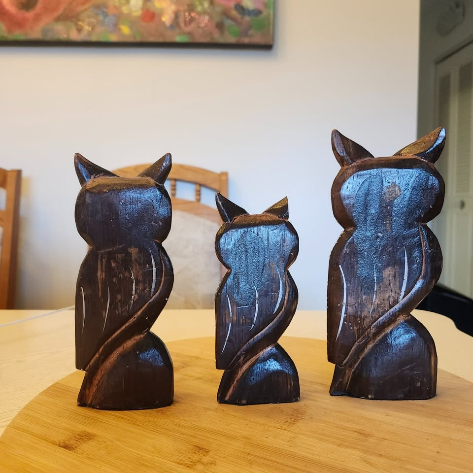 Trio of Wooden Owls, Carved - photo 2