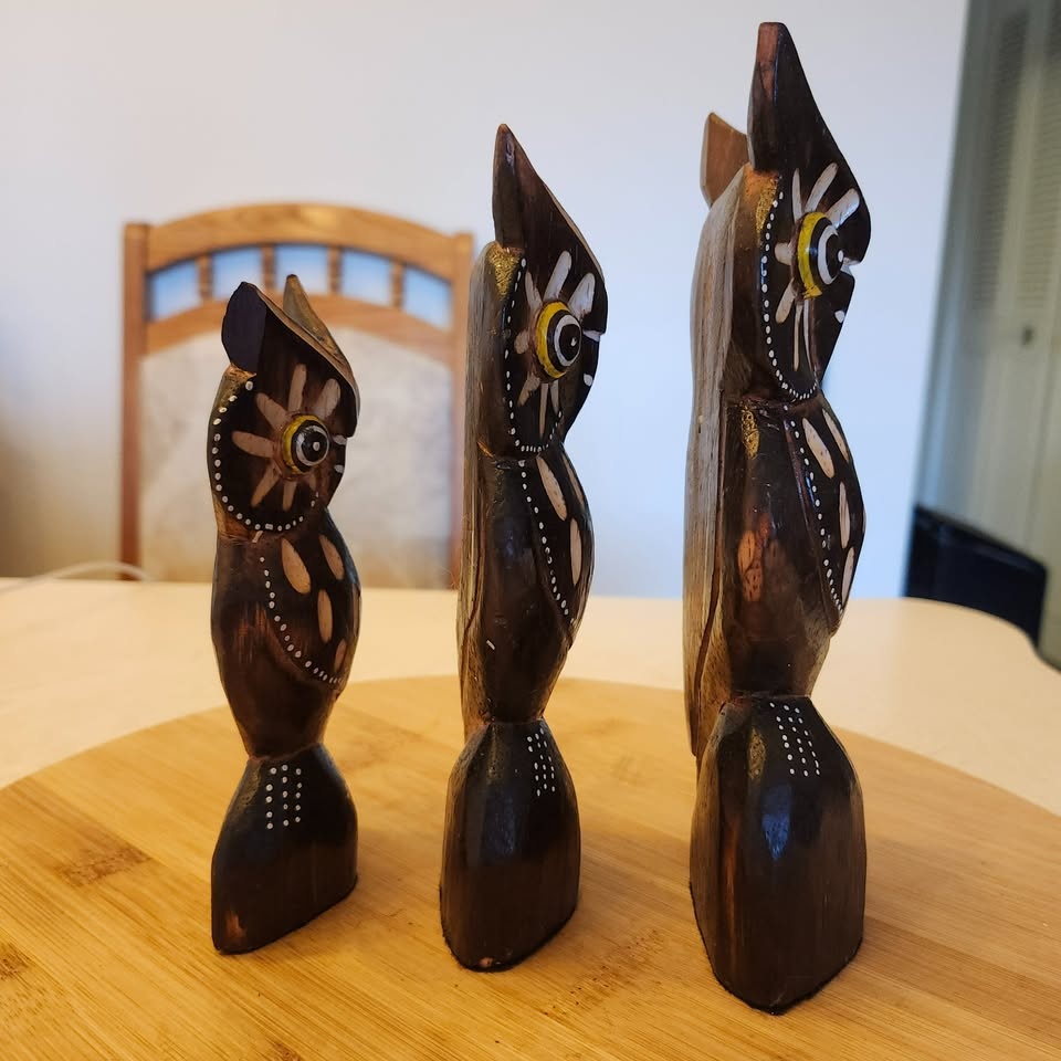 Trio of Wooden Owls, Carved - photo 3