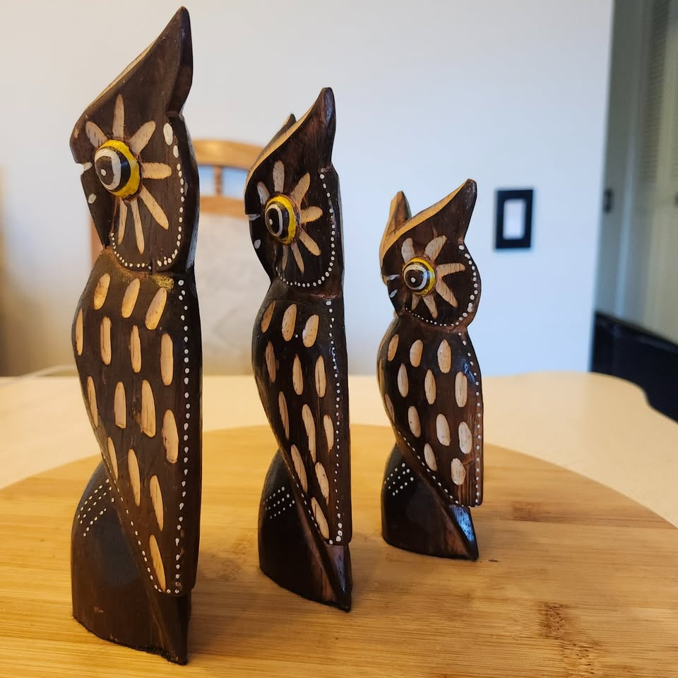 Trio of Wooden Owls, Carved - photo 4