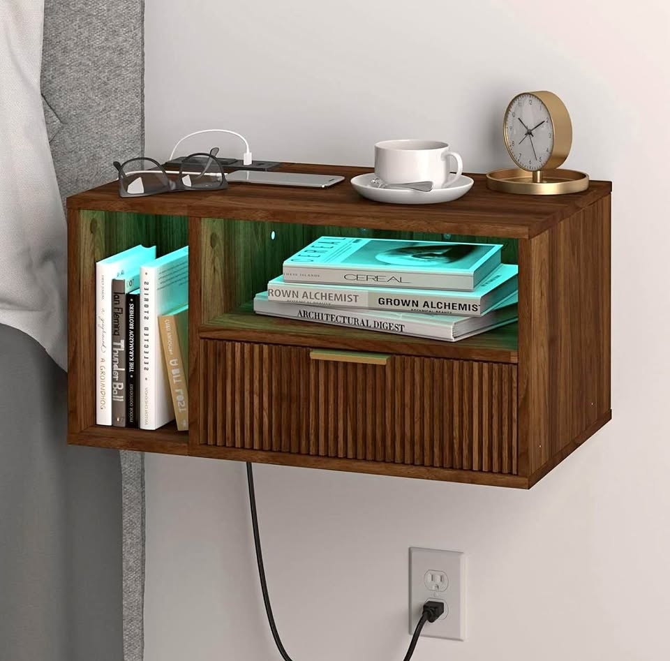 Floating bedside table with charging station and LED lights