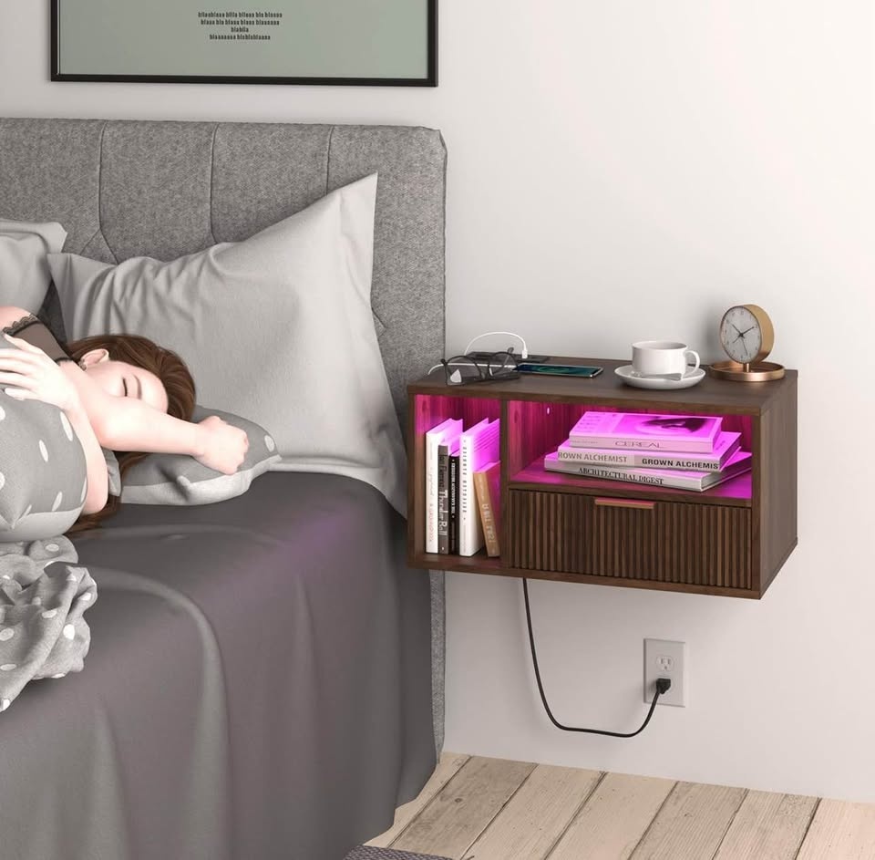 Floating bedside table with charging station and LED lights - photo 2