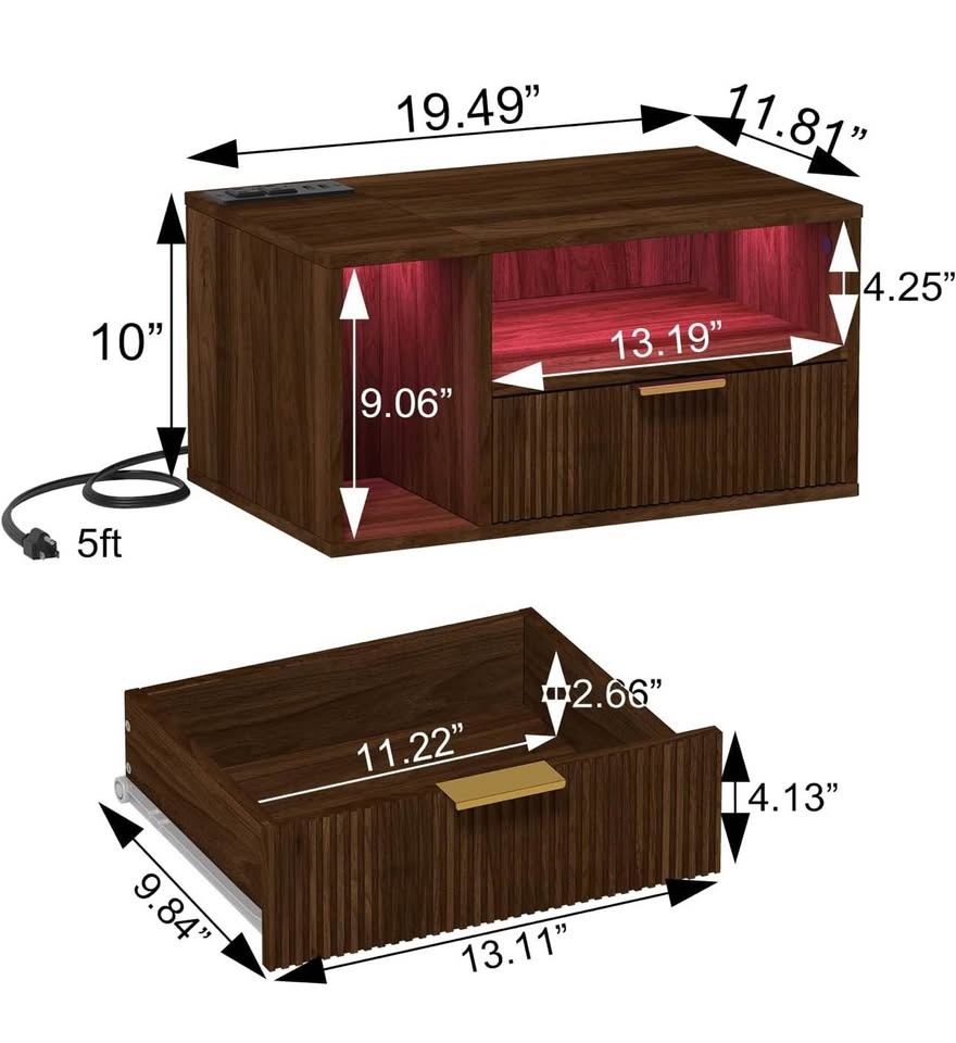 Floating bedside table with charging station and LED lights - photo 5