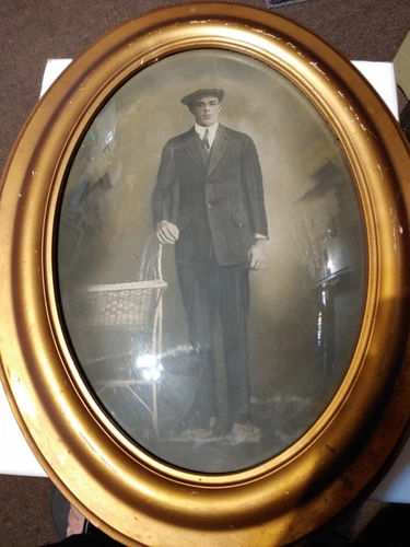 Antique EARLY 1900s Gold Picture Frame Convex Glass