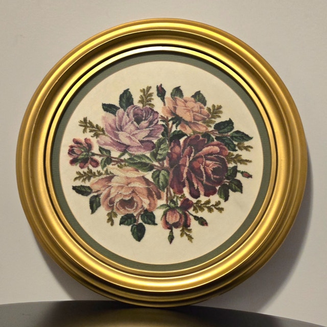 Needlepoint Round Framed Picture of Roses 12.5"