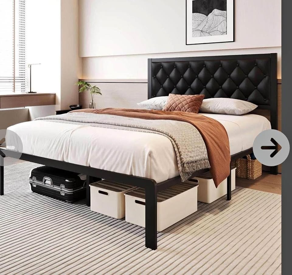 New queen metal bed frame with button tufted faux leather uphols