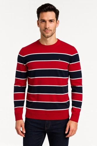 Men’s Striped Crewneck Sweater Red Navy White Small/Medium S/M –