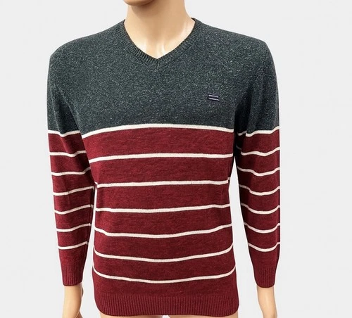 Superdry Men's V-Neck Sweater XL- Grey Burgundy Striped Knit