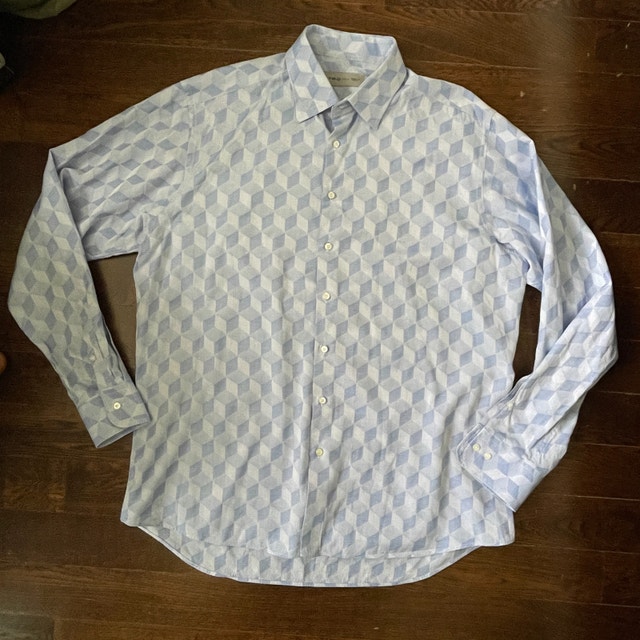 Men's Etro Cotton Dress shirt White Blue 3D Squares-Sz. 44-XL