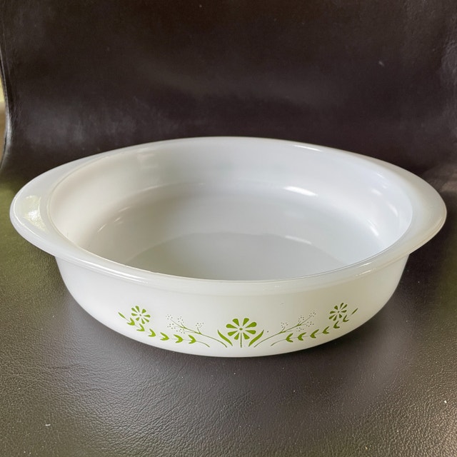Vintage Glasbake Green Daisy 8" Milk Glass Casserole