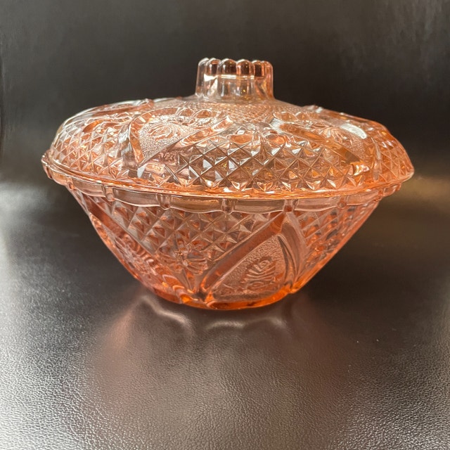 Vintage Pink Heart Pattern Pressed Glass Bowl w/ lid
