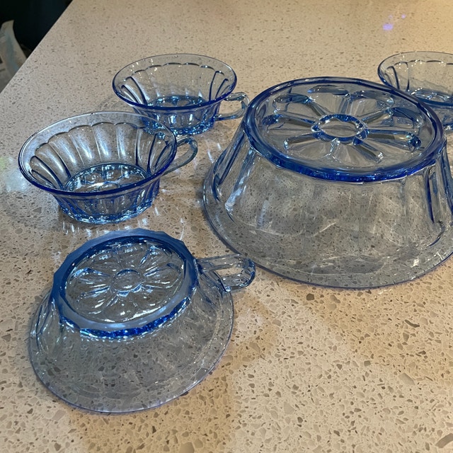 Vintage Set of Blue Glass Serving Bowl w/ 6 small matching bowls - photo 2
