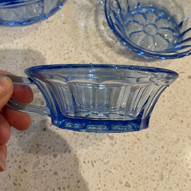 Vintage Set of Blue Glass Serving Bowl w/ 6 small matching bowls - photo 3