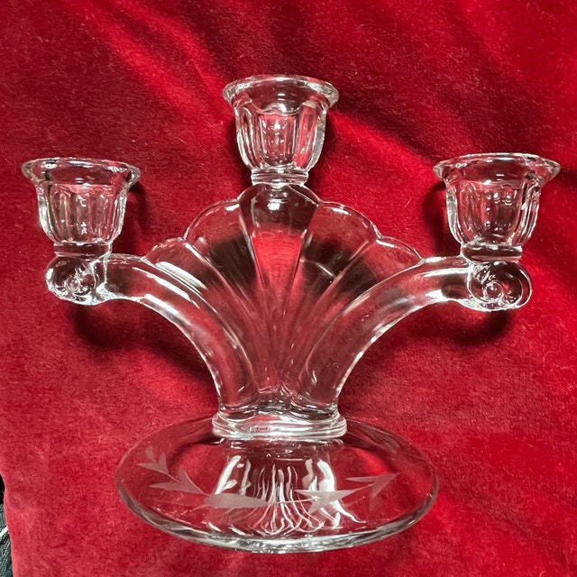 Vintage 50s Heisey Elegant Glass 3 candle candelabra -Deco Style