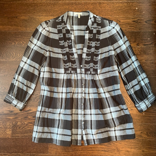 Joie Blue/Black Plaid 3/4 Sleeve Cotton Blouse Top-Medium