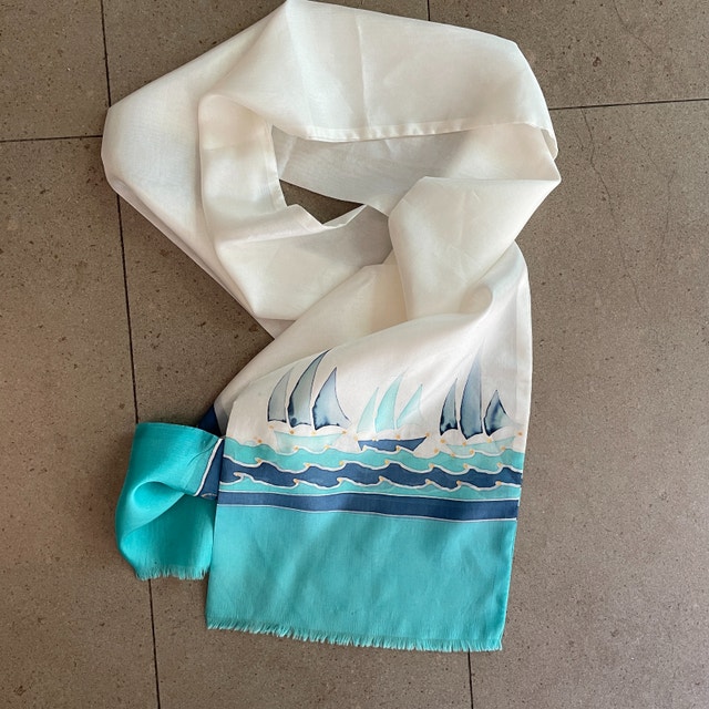 Vintage Handpainted Scarf with Sail Boats, Signed-100% Silk
