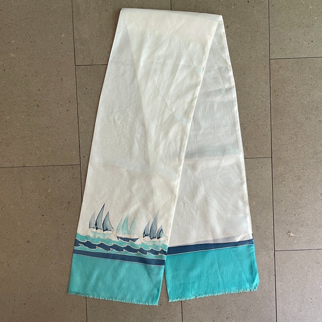 Vintage Handpainted Scarf with Sail Boats, Signed-100% Silk - photo 2