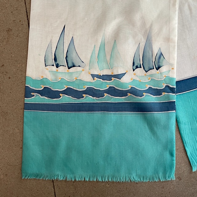 Vintage Handpainted Scarf with Sail Boats, Signed-100% Silk - photo 3