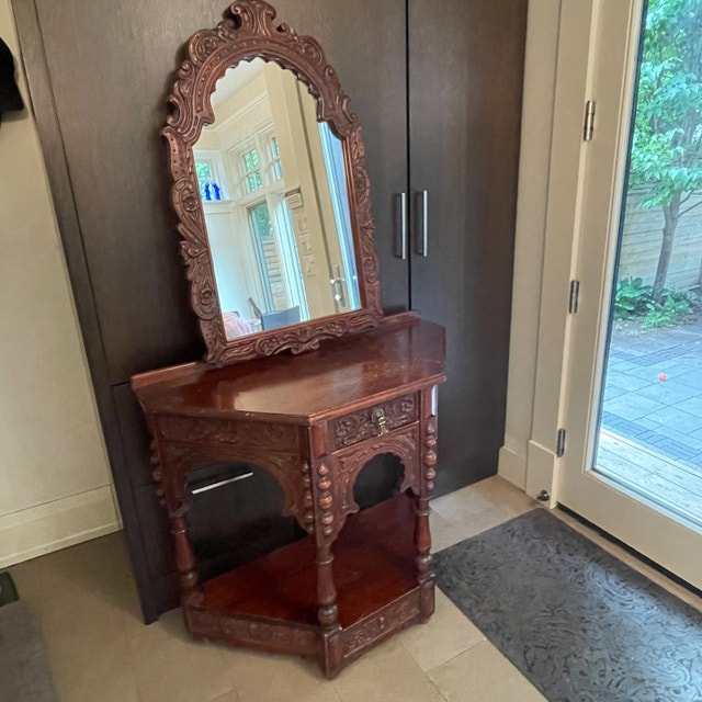 Antique Carved Walnut Console Hall Table and Mirror