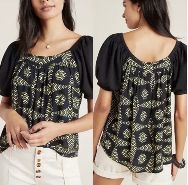 Maeve Anthropologie Catania Green/Black Top Blouse-Large