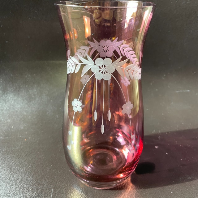 Vintage Czech Bohemia Etched Glass Cranberry Vase - photo 3
