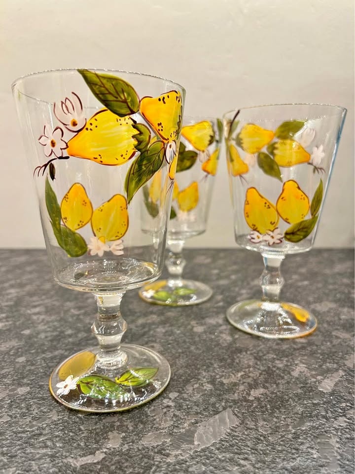 Three vintage hand-painted wine goblets