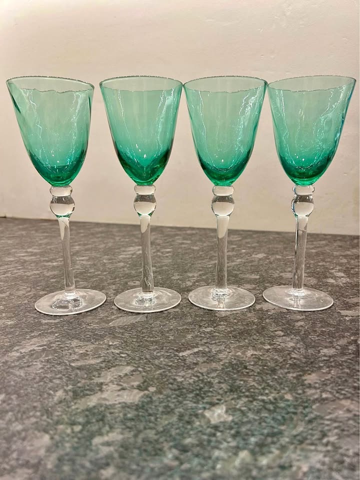 Set of four vintage emerald green wine glasses